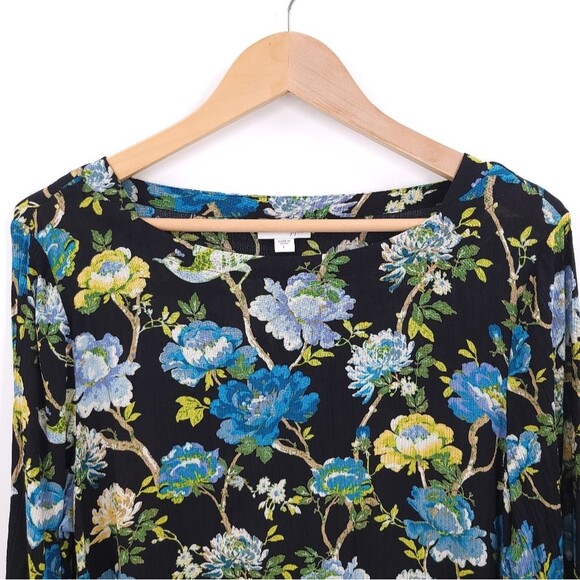 J. Jill Floral Blouse Tie Sleeve Textured Rayon Top Black Blue Career Work Large - Picture 4 of 12